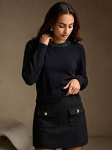 Anewsta Spring Autumn Winter Knitted Sweater With Beaded Embellishments, Crew Neck Pullover, Designer Style, Commuter Chic, Elegant And Sophisticated - Black - View 4