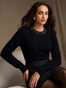 Anewsta Spring Autumn Winter Knitted Sweater With Beaded Embellishments, Crew Neck Pullover, Designer Style, Commuter Chic, Elegant And Sophisticated - Black - View 2