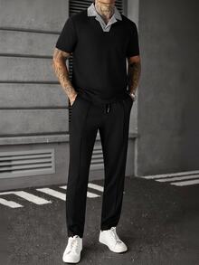 Manfinity Homme 男士休閒格紋翻領 Polo 衫與長褲套裝 - 黑色 - 查看 6