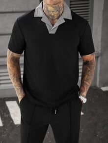 Manfinity Homme 男士休閒格紋翻領 Polo 衫與長褲套裝 - 黑色 - 查看 3