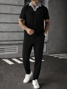 Manfinity Homme 男士休閒格紋翻領 Polo 衫與長褲套裝 - 黑色 - 查看 5