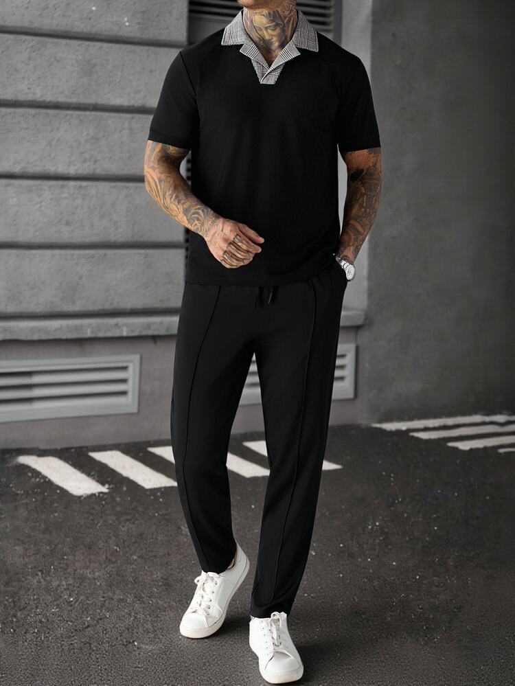 Manfinity Homme Set Kemeja Polo Kerah Lapel Kotak-Kotak Kasual dan Celana Pria - Hitam - View 5