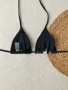 SHEIN Swim New Summer Fashion Beachwear: Sexy And Elegant Floral Print Bikini Top –Swimsuits For Woman.Vacation Outfits Women. - Black - View 3
