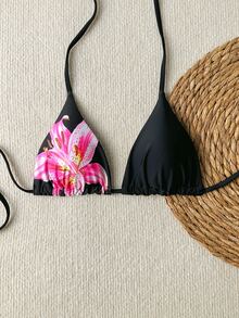 SHEIN Swim New Summer Fashion Beachwear: Sexy And Elegant Floral Print Bikini Top –Swimsuits For Woman.Vacation Outfits Women. - Black - View 4