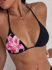 SHEIN Swim New Summer Fashion Beachwear: Sexy And Elegant Floral Print Bikini Top –Swimsuits For Woman.Vacation Outfits Women. - Black - View 7
