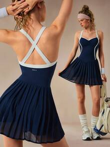 VARSIVA Women's Fashion Colorblock Back Criss-Cross Pleated Hem Short Athletic Dress - Multicolor - View 11