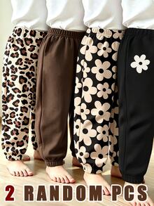 Celana Jogger Kasual Bayi Perempuan Motif Bunga & Leopard Nyaman untuk Musim Gugur dan Musim Dingin, 2 Potong - MultiWarna - View 1