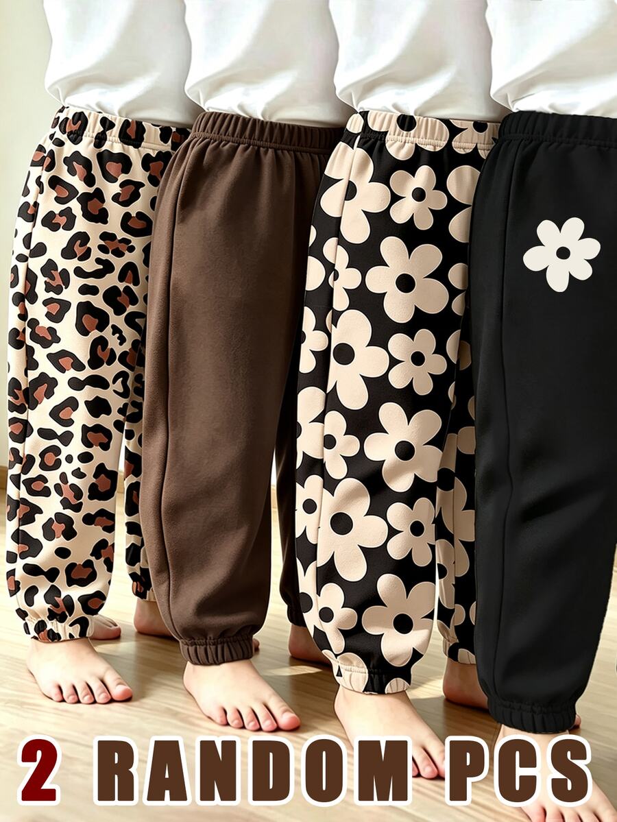 Celana Jogger Kasual Bayi Perempuan Motif Bunga & Leopard Nyaman untuk Musim Gugur dan Musim Dingin, 2 Potong - MultiWarna - View 1