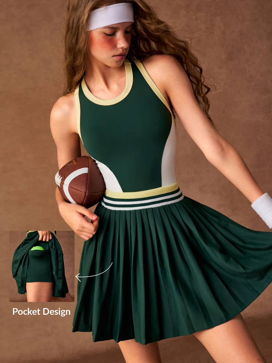 VARSIVA Women's Striped Colorblock Pleated Dress With Pocket Shorts Sporty Set - Multicolor - View 1