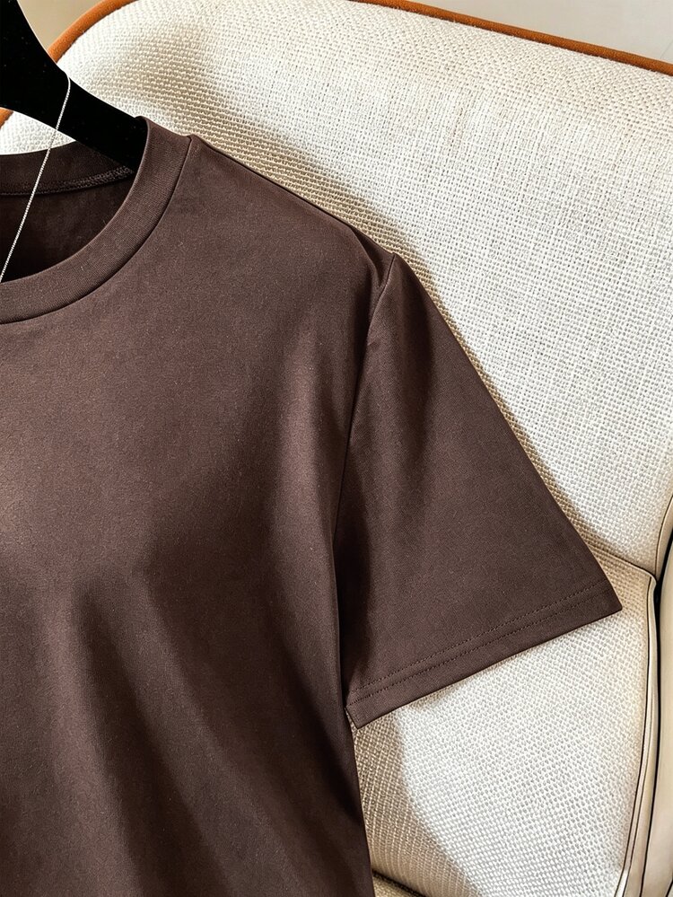 GlowEve CURVE Women's Plus Size Round Neck Lace Patchwork Asymmetrical Hem Solid Color Casual Versatile Everyday Short Sleeve T-Shirt - Coffee Brown - View 5