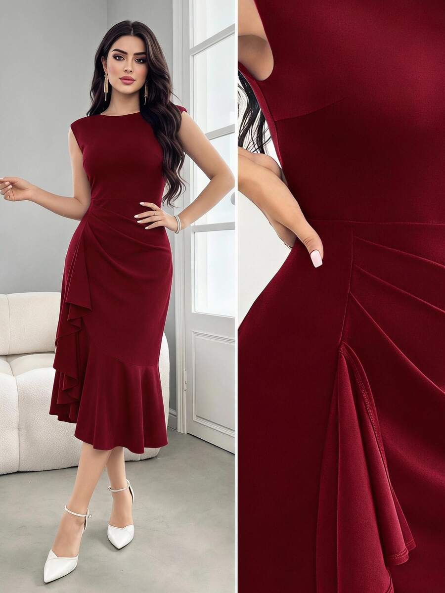 Feyla Women's Solid Color Round Neck Ruffle Hem Pleated Elegant Dress