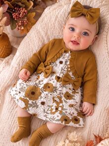 2pcs Newborn Baby Girls A-Line Dress Set Cute Sweet Ginger Brown Bow Floral Print Ruffle Long Sleeve Regular Holiday Fall Wedding Guest Birthday Retro - Multicolor - View 1