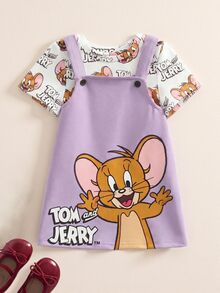 TOM & JERRY X SHEIN Baby Girls Cartoon Print T-Shirt And Button Strap Pants Set - Purple - View 1