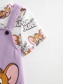 TOM & JERRY X SHEIN Baby Girls Cartoon Print T-Shirt And Button Strap Pants Set - Purple - View 7