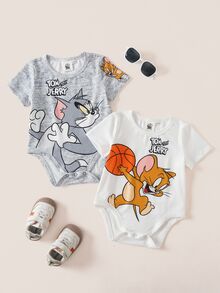 TOM & JERRY X SHEIN Baby Boy Cartoon Print Round Neck Short Sleeve Casual Romper - Multicolor - View 1