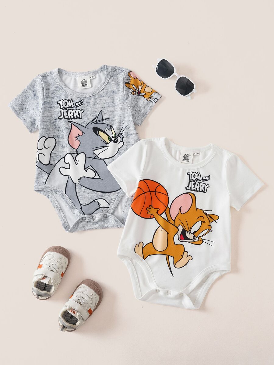 TOM & JERRY X SHEIN Baby Boy Cartoon Print Round Neck Short Sleeve Casual Romper - Multicolor - View 1