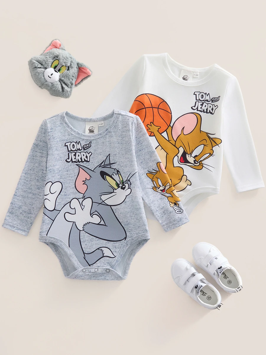 TOM & JERRY X SHEIN 2pcs Baby Boy Casual Everyday Commute Cute Cartoon Letter Graphic Long Sleeve Bodysuit, Spring/Autumn - Multicolor - View 1