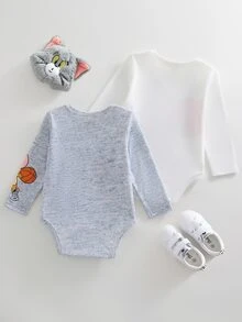 TOM & JERRY X SHEIN 2pcs Baby Boy Casual Everyday Commute Cute Cartoon Letter Graphic Long Sleeve Bodysuit, Spring/Autumn - Multicolor - View 2