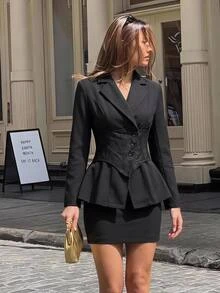 SHEIN MOD Women's Elegant Commute Corporate Party Lace Patchwork Blazer Skirt Suit Set Halloween Black Summer - Black - View 1
