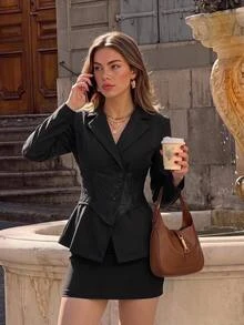SHEIN MOD Women's Elegant Commute Corporate Party Lace Patchwork Blazer Skirt Suit Set Halloween Black Summer - Black - View 3
