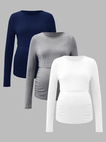 Modmama 3件裝哺乳用純色長袖上衣 秋季居家服 產後穿著 灰色白色 休閒寬鬆款 - 彩色 - 查看 4