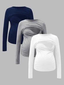 Modmama 3件裝哺乳用純色長袖上衣 秋季居家服 產後穿著 灰色白色 休閒寬鬆款 - 彩色 - 查看 2