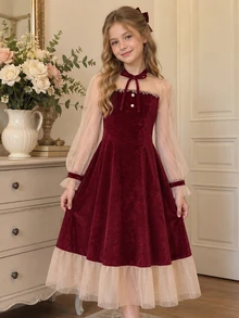 SHEIN Tween Girl Mesh Patchwork Faux Pearl Decor Dress - Red - View 1