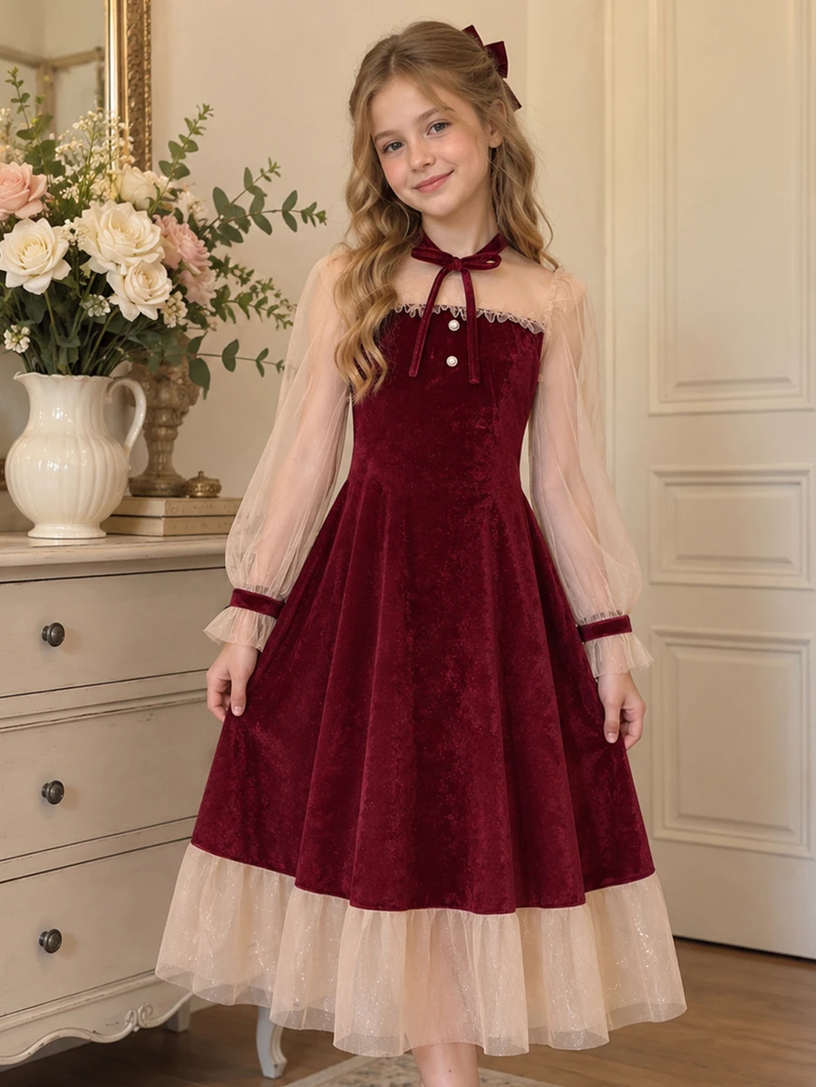 SHEIN Tween Girl Mesh Patchwork Faux Pearl Decor Dress - Red - View 1