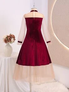 SHEIN Tween Girl Mesh Patchwork Faux Pearl Decor Dress - Red - View 3