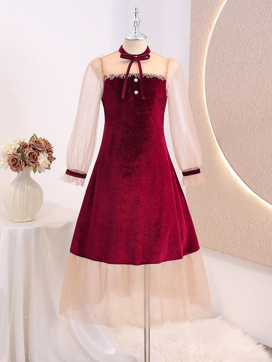 SHEIN Tween Girl Mesh Patchwork Faux Pearl Decor Dress - Red - View 1
