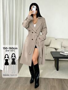 SHEIN PETITE Autumn/Winter Elegant Design Cinched Waist A-Line Long Sleeve Trench Coat - Khaki - View 2