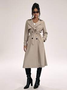 SHEIN PETITE Autumn/Winter Elegant Design Cinched Waist A-Line Long Sleeve Trench Coat - Khaki - View 3