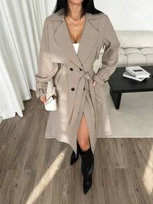 SHEIN PETITE Autumn/Winter Elegant Design Cinched Waist A-Line Long Sleeve Trench Coat - Khaki - View 8