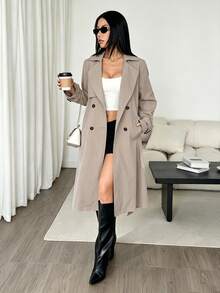 SHEIN PETITE Autumn/Winter Elegant Design Cinched Waist A-Line Long Sleeve Trench Coat - Khaki - View 7