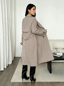 SHEIN PETITE Autumn/Winter Elegant Design Cinched Waist A-Line Long Sleeve Trench Coat - Khaki - View 9