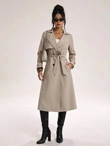 SHEIN PETITE Autumn/Winter Elegant Design Cinched Waist A-Line Long Sleeve Trench Coat - Khaki - View 5