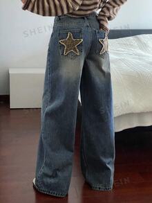 DAZY Women's Straight Leg Jeans With Star Pocket Decoration, Casual Street Style Y2k - Blue - View 5