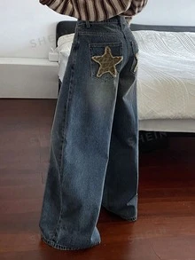 DAZY Women's Straight Leg Jeans With Star Pocket Decoration, Casual Street Style Y2k - Blue - View 1