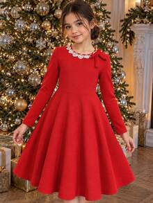 SHEIN Autumn/Winter Girls' Black And White Colorblock Slim Fit Dress With Bow Accessory, Elegant Style - Red - View 1