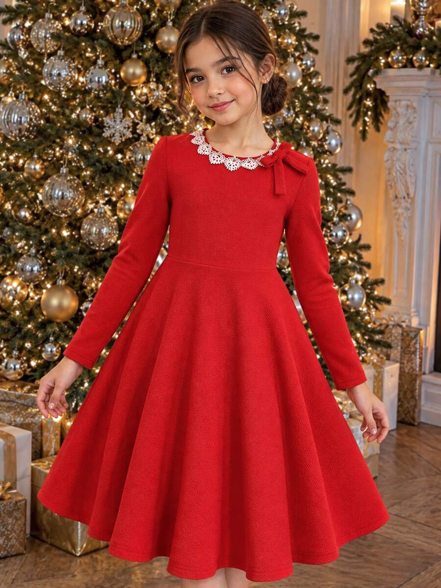 SHEIN Autumn/Winter Girls' Black And White Colorblock Slim Fit Dress With Bow Accessory, Elegant Style - Red - View 1