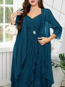 Reflora Plus Size Women's Elegant Party Dress With Rhinestone Decor Camisole And Sheer Lightweight Outer Jacket, 2 Pieces Set - Teal Blue - View 11