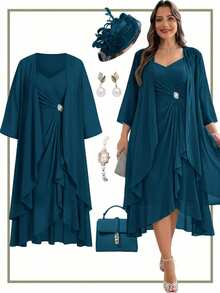 Reflora Plus Size Women's Elegant Party Dress With Rhinestone Decor Camisole And Sheer Lightweight Outer Jacket, 2 Pieces Set - Teal Blue - View 10