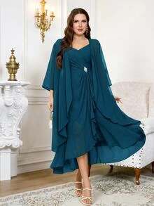 Reflora Plus Size Women's Elegant Party Dress With Rhinestone Decor Camisole And Sheer Lightweight Outer Jacket, 2 Pieces Set - Teal Blue - View 1