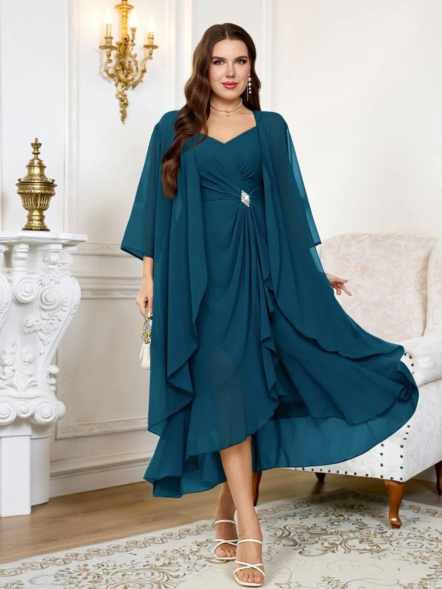 Reflora Plus Size Women's Elegant Party Dress With Rhinestone Decor Camisole And Sheer Lightweight Outer Jacket, 2 Pieces Set - Teal Blue - View 1