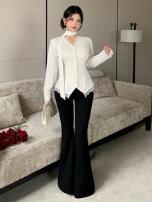 Modelyn 女款優雅領結西裝外套,睫毛蕾絲飾邊V領單排扣收腰長袖不規則下擺白色辦公派對外套 - 杏色 - 查看 9