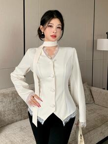 Modelyn 女款優雅領結西裝外套,睫毛蕾絲飾邊V領單排扣收腰長袖不規則下擺白色辦公派對外套 - 杏色 - 查看 6