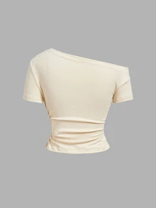 SHEIN MOD Cream Asymmetrical Shoulder T-Shirt And Flared Skirt Two ...