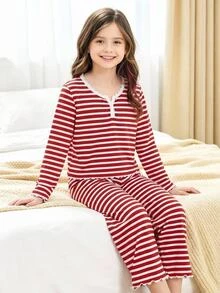 SHEIN 青少年女孩條紋圖案V領半開鈕扣前襟荷葉邊長袖居家服睡衣套裝 2件組 - 紅白色 - 查看 4