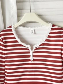 SHEIN 青少年女孩條紋圖案V領半開鈕扣前襟荷葉邊長袖居家服睡衣套裝 2件組 - 紅白色 - 查看 9