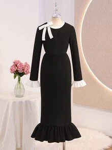 SHEIN 少女黑色修身簡約優雅時尚半高領連肩長袖修身長洋裝，純色毛絨羅紋面料基本款，魚尾裙擺，秋冬時尚內搭洋裝，法式優雅甜美可愛，適合度假、畢業典禮、開學季、婚禮季、派對及各種正式場合、聖誕節 - 黑色 - 查看 1